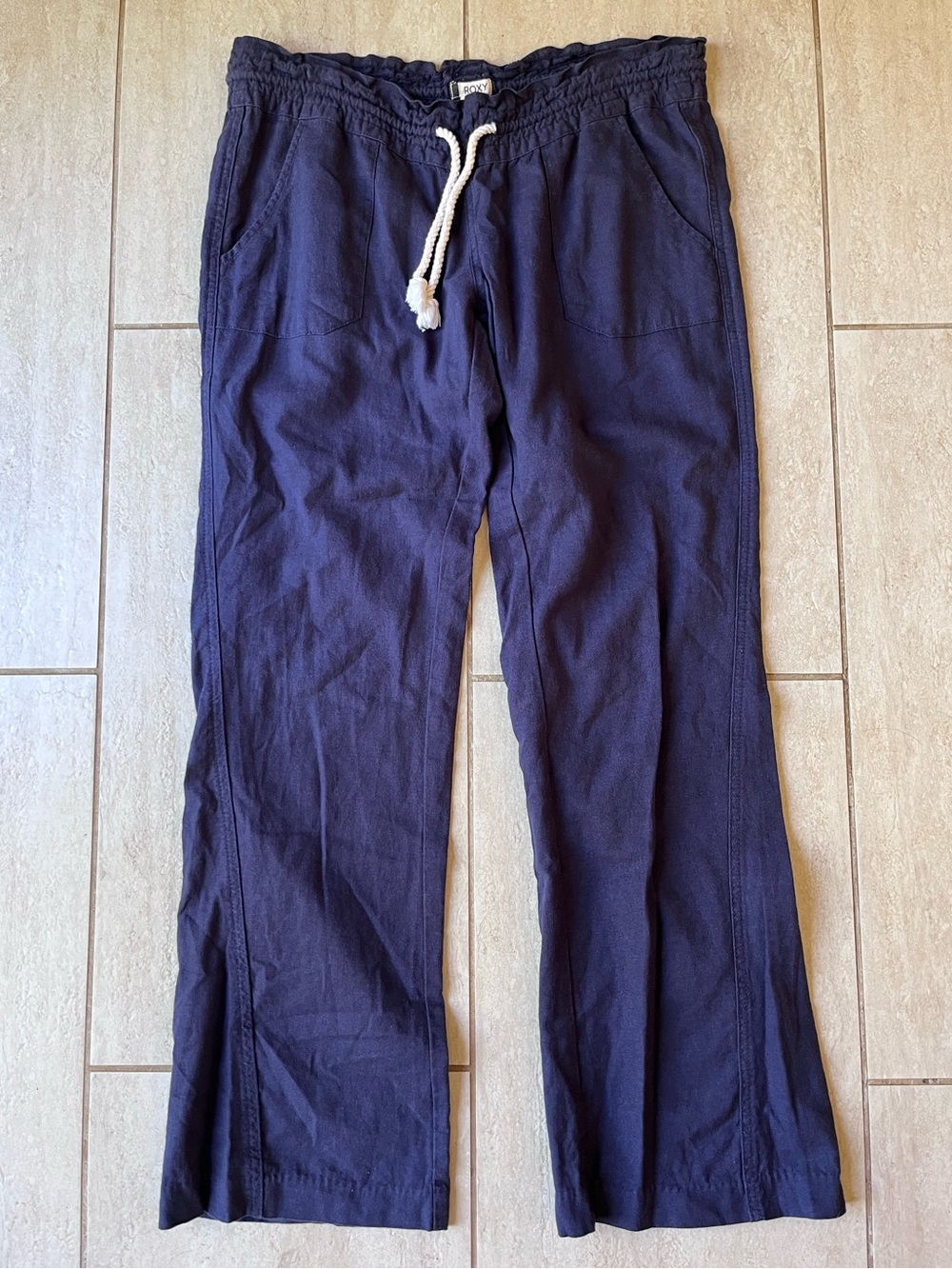 Roxy Linen Blend Drawstring Pants Navy Relaxed Beach Size S